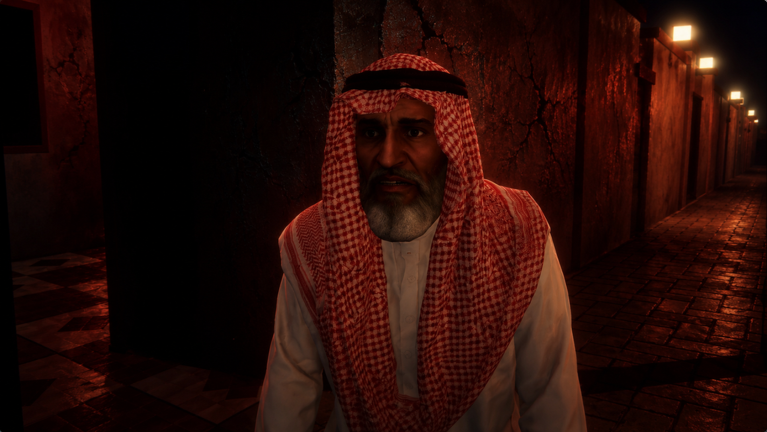 Story scene of the father protagonist standing in a lantern-lit alley in Where Is Fahd